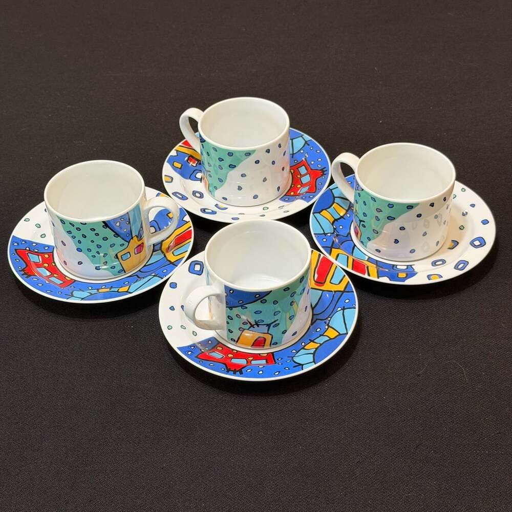 Crown Porcelain Panorama Cup & Saucer Set of 4 Art Design Espresso Cappuccino